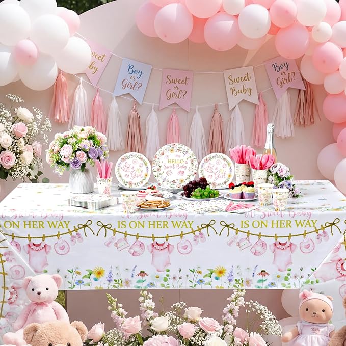 Pickmesh 194 Pcs Floral Baby Shower Girl Decorations for 24, Pink Baby Shower Paper Plates and Napkins Cups Tablecloth Cutlery for Spring Babys in Bloom It's a Girl Gender Reveal Party Supplies