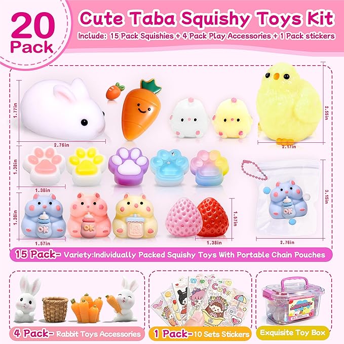 20Pcs Taba Squishy Toys Pack-Easter Taba Squishy Sensory Fidgets Toys Party Favors for Kids 4-8 8-12 -Kawaii Taba Squishies Squeeze Toys for Girls-4 5 6 7 8 9 10 11 12 Year Old Girl Birthday Gifts