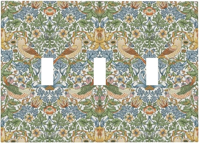 William Morris Strawberry Thrush Birds 3 Gang Light Switch Cover Vintage Floral Flowers Plant Triple Toggle Wall Plate Decorative Electrical Switchplates for Country Bedroom Kitchen Décor
