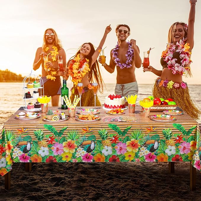 Frienda 130 Pcs Tiki Party Supplies Sets Hawaiian Party Decor Luau Plates and Napkins Party Supplies Tiki Tablecloth Aloha Tropical Plastic Cup Straw Knife Fork for Hawaii Summer Party, Serves 16