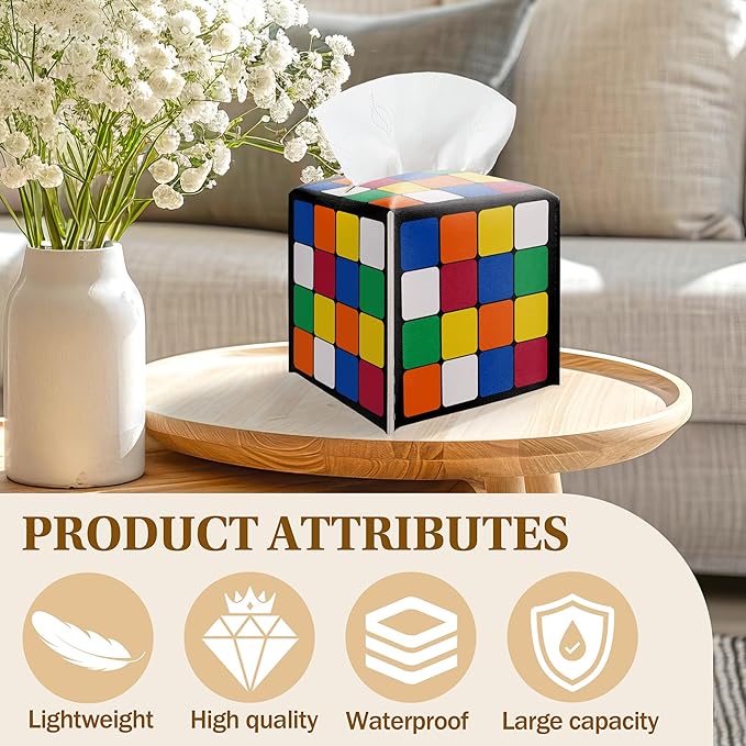 Funny Tissue Box Cover, Magic Cube Tissue Box Cover PU Leather Square, Decorative Facial Paper Organizer for Bathroom, Vanity, Home Office Car Decorations