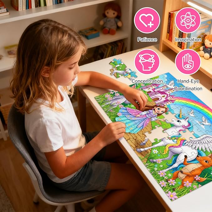 100 Piece Puzzles for Kids Ages 4-6 6-8 8-10, 4-Pack Princess Fairy Mermaid Unicorn Jigsaw Puzzles 100 Pieces Kids Puzzles Ages 3-5 4-6 5-8, Learning Toys Educational Gifts for Girls Boys 15x10 in