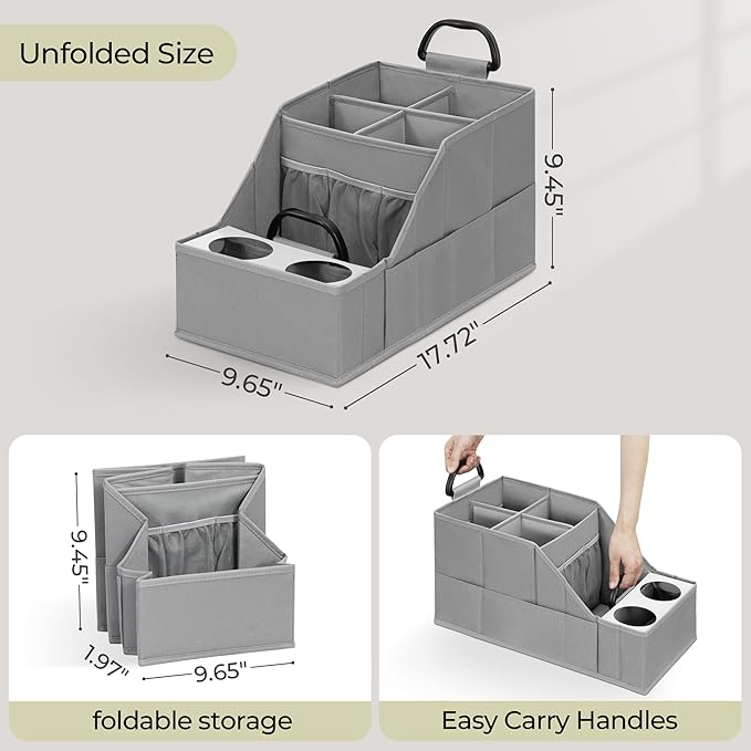 Car Seat Organizer Backseat Front Seat, Car Organizer With 12 Storage Compartments 2 Cup Holders, Snack Storage For Kids Baby, SUV Truck Van Collapsible Storage Bag For Travel, GY, 2PK