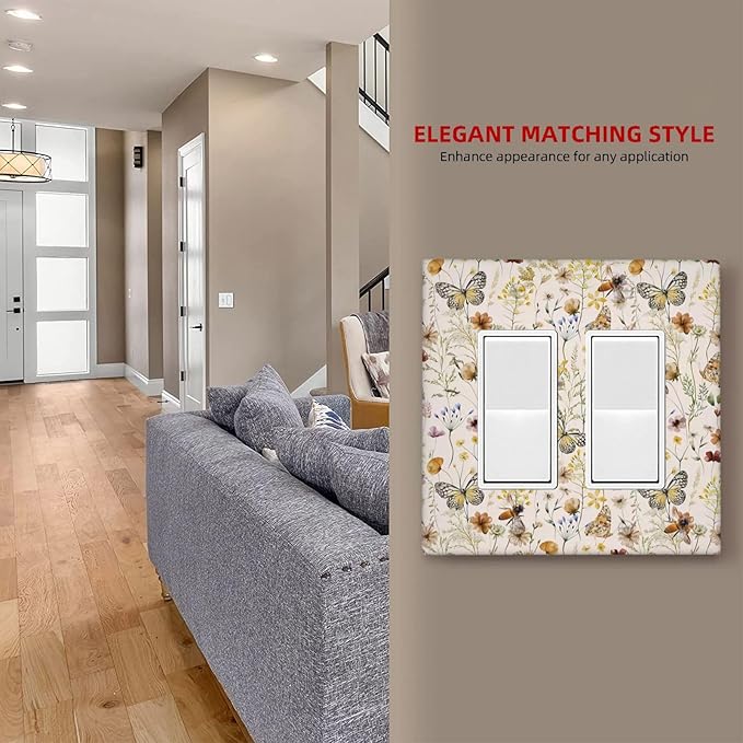 Vintage Butterflies Double Rocker Wall Plates Colorful Wildflower 2 Gang Light Switch Cover Decorative Cute Bees GFCI Electrical Switchplate Beige Flower Leaves Dimmer Decor for Bedroom Kidroom