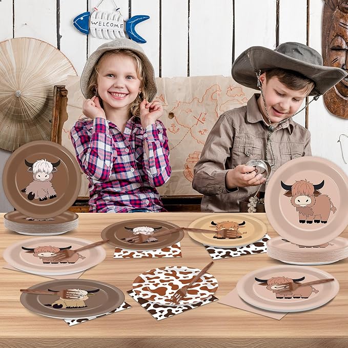 96Pcs Highland Cow Birthday Party Supplies Brown Highland Cows Paper Plates Napkins Holy Cow Park Party Tableware Disposable Checkered Dinnerware Decoration Set for Kids Birthday Baby Shower Table Dec
