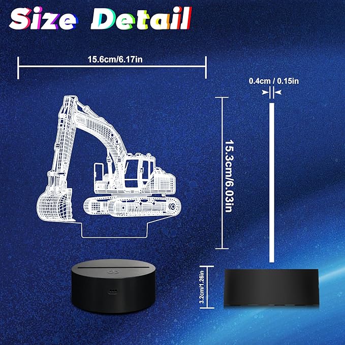 CoolGift Mart Excavator 3D Night Light, 3D LED Optical Illusion Lamp with Remote Control and Timer, Perfect Christmas and Birthday Gift Idea for Boys, Kids, and Teens