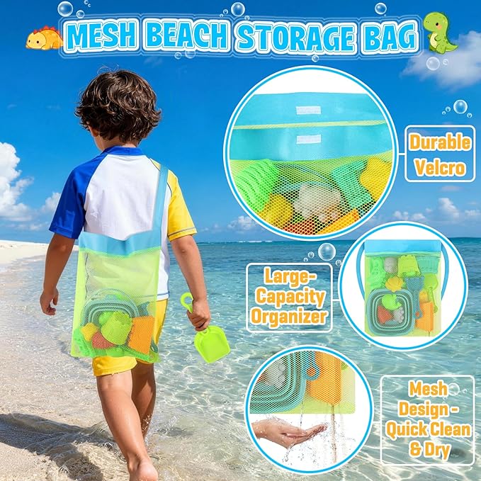 ERHAICAT Beach Toys, Dinosaur Sand Toys for Kids Toddlers with Collapsible Bucket, Sand Castle Building Kit, Mesh Storage Bag & Shovel Rake, Travel Summer Toys for Boys Girls Ages 3-10