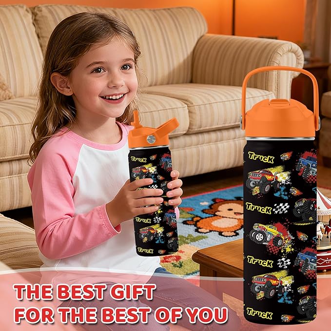 Truck Gifts for Kids - 18 Oz Kids Water Bottle with Straw Lid, Stainless Steel Insulated Tumbler, Leak Proof, BPA-Free, for Girls, School, Travel - Truck Lovers Children Birthday Gifts Cups(1pc)