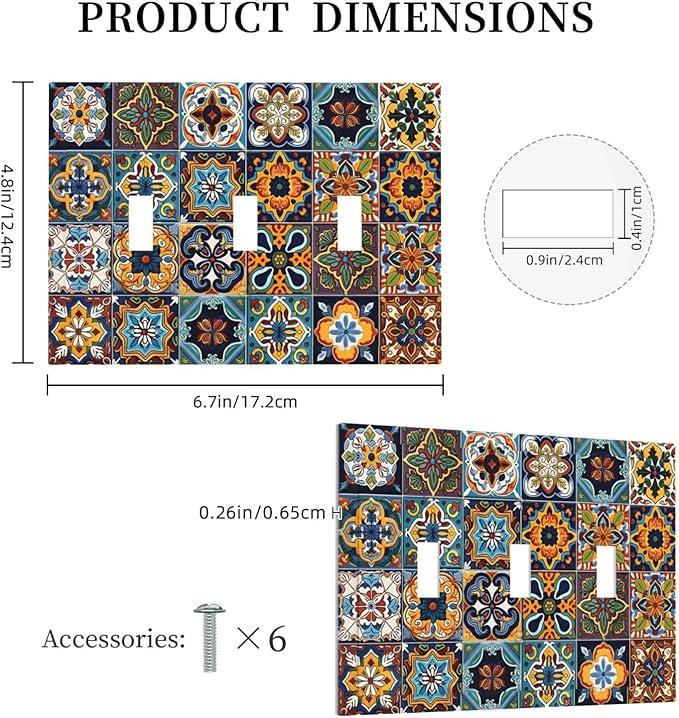 Mexican Talavera Tiles Floral Decorative Switch Plates 3 Gang Wall Plate Triple Toggle Light Switch Cover Faceplate Electrical Wall Panels for Bathroom Kitchen Decor