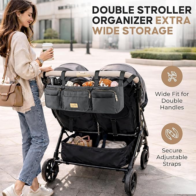Double Stroller Organizer, Double Stroller Caddy Compatible with Bob Duallie, Baby Jogger City Mini GT2, Jeep - Universal Stroller Accessories with Cup Holders
