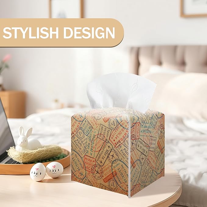 Retro World Travel Passport Stamp Tissue Box Cover - Vintage Square Leather Facial Paper Organizer, Decorative Travel Themed Holder for Bathroom Vanity, Home Office, Car & Travel Enthusiast Decor