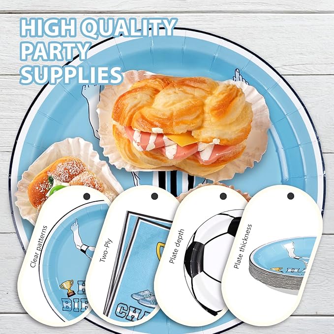 96Pcs Blue Soccer Birthday Party Supplies Blue Soccer Star Plates and Napkins Football Champion Themed Tableware Set for Sports Fans Football Theme Birthday Party Supplies，Serves 24