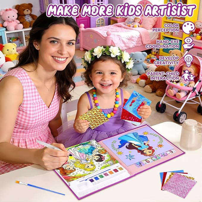 CHICAUP Paint with Water Coloring Books & Shimmer Art Kit for Kids, Princess Themed Arts and Crafts Set with Watercolor Painting Kit, Travel Art Supplies for Girls Ages 4-8 Birthday Christmas Gift