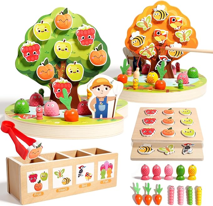 INIFEIDALA Montessori Toys for 2 3 4 Year Olds | Birthday Gifts for Boys & Girls, Wooden Educational Toddler Toys, Shape Sorting, Carrot Harvest & Magnetic Fishing Game – Fine Motor Skills Development