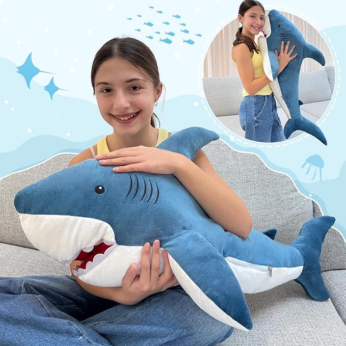 MorisMos 39inch Giant Shark Stuffed Animal, Large Stuffed Shark Plush Toys Pillow Gift for Kids Girlfriend, Blue