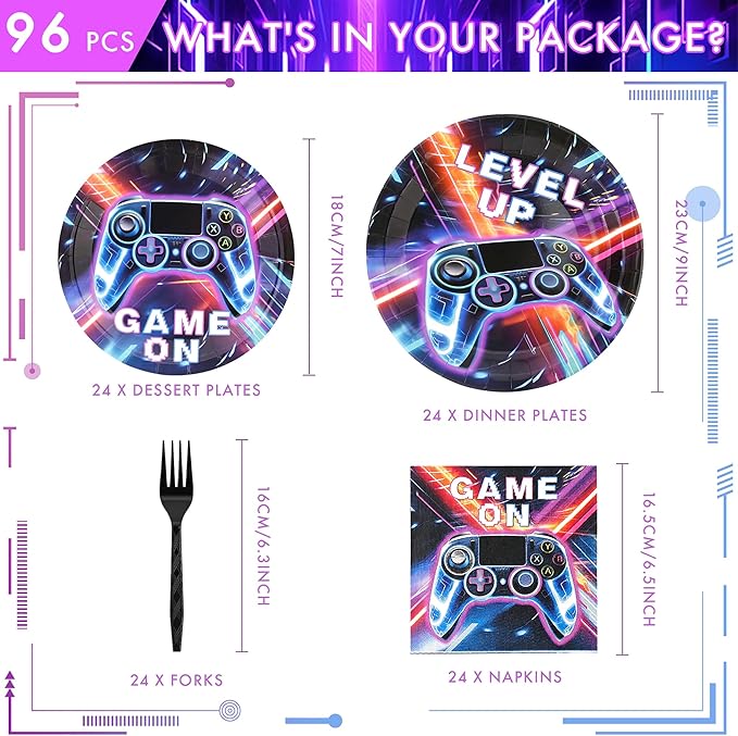 CANREVEL 96 PCS Video Gamer Birthday Party Plates Serve 24, Video Gaming Plates and Napkins Forks Set, Disposable Tableware for Video Gamer Party Supplies Decorations, Video Game Plates for Boys Men