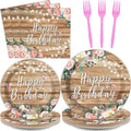 96PCS Spring Floral Birthday Party Plates Wood Grain Pink Flower Rustic Tableware Set for Girls Kids Bridal Shower Party Supplies Wooden Birthday Paper Plates Napkins Decorations for 24 Guests