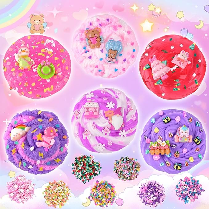 LAWOHO 6 Pack Pink Slimes, Clear Butter Cloud Slime Kit for Girls Ages 8-12, Non-Stick Kids Slime Party Favors Toys with Cute Add-Ins, Birthday Goodie Bag Stuffers Easter Valentines Day Gifts for Kids
