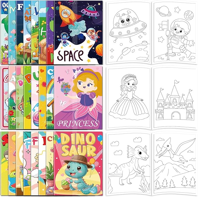 Kalysky 24 Pack Mini Coloring Books for Kids Ages 4-8 (7 * 5.1in), Party Favors Bulk Coloring Books for Toddlers 1-3, 288 Different Illustrations, Birthday Goodie Bags Stuffers for Kids