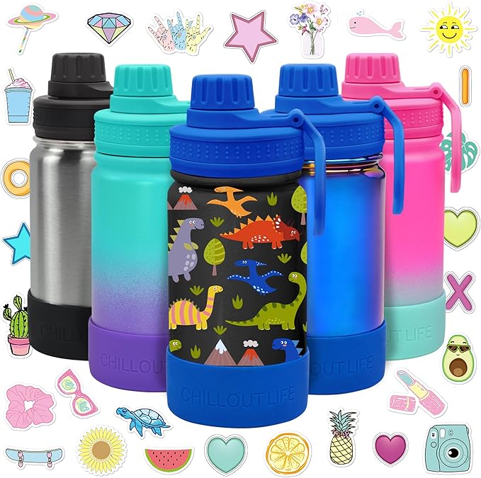 CHILLOUT LIFE 12 oz Kids Insulated Water Bottle for School with Leakproof Spout Lid and Cute Waterproof Stickers, Personalized Stainless Steel Thermos Flask Metal Water Bottle For Girls & Boys