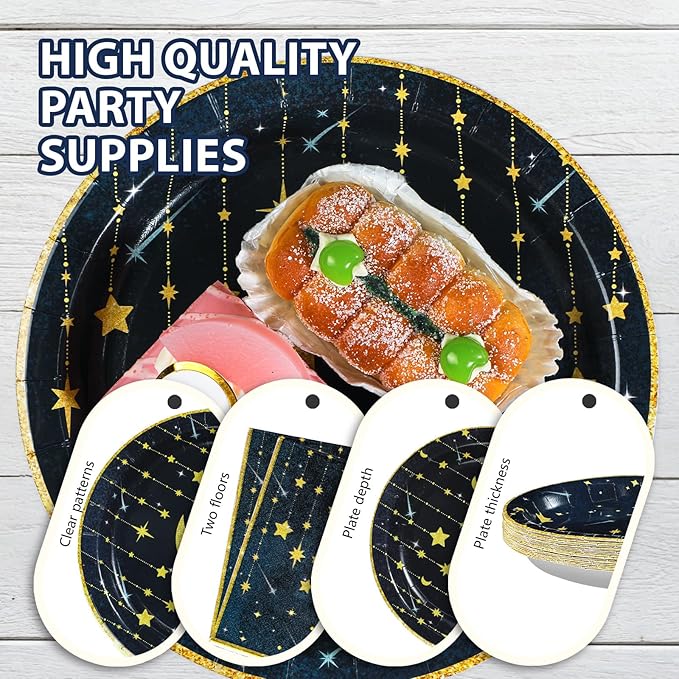 Grencian Gold Star Moon Party Supplies - 96Pcs Moon and Stars Party Supplies Plates and Napkins Navy Blue Celestial Hanging Crescent Disposable Tableware for Celestial Birthday Decorations Serve 24