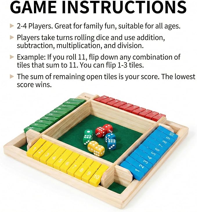 Vindstier Shut the Box Board Game for 2-4 Player, Wooden Math Number Flip Dice, Educational Toy for Kids Ages 3+ and Adults, Screen-Free Family Night, Classroom, Pub& Summer Travel Learning Activities