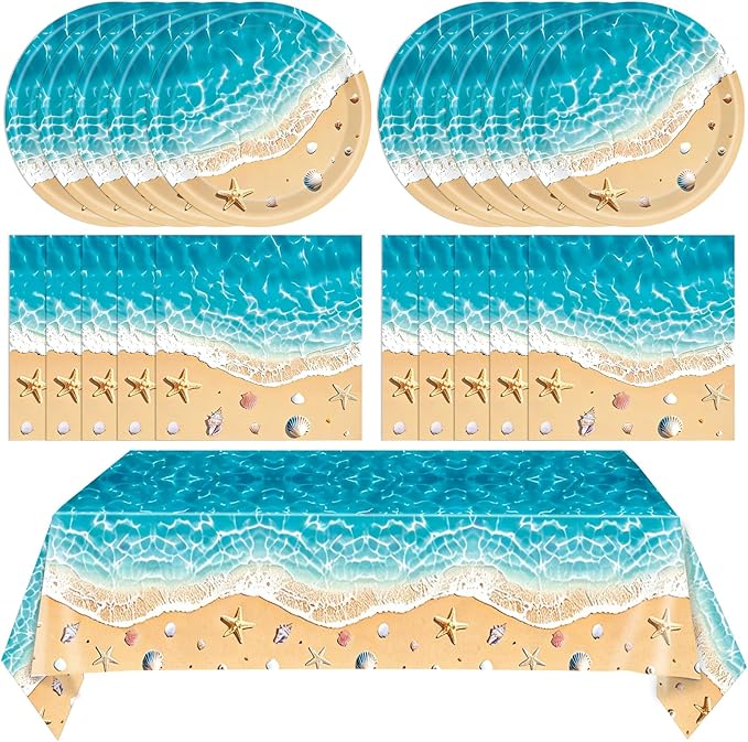 Beach Birthday Party Decorations,41Pcs Disposable Ocean Waves Beach Dessert Plates Napkins Tablecloth Tableware Set Summer Pool Hawaiian Beach Party Supplies for Kids Baby Shower Birthday
