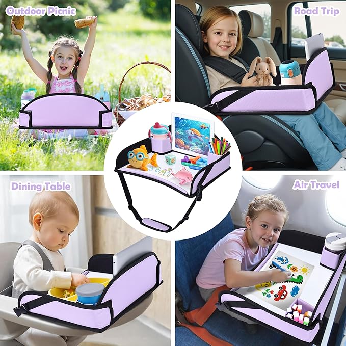 Kids Travel Tray for Toddler Carseat, Road Trip Activities Essentials for Toddler, Kids Lap Desk Tray with Tablet Holder Stand ＆ Dry Erase Board (Purple)