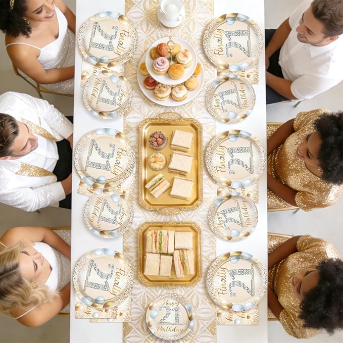 96Pcs Happy 21st Birthday Decorations Sweet 21 Plates and Napkins Tableware Sets White and Gold Glitter Twenty-one Birthday Decorations for Girls Boys 21 Years Old Birthdays Party Supplies Serves 24