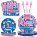 96Pcs 1st Birthday Party Plates and Napkins Girls Pink Cartoon Teaching Decor One Year Old Paper Disposable Dessert Cake Plates English Teacher Theme Tableware Set for Baby Shower Favors 24 Guests