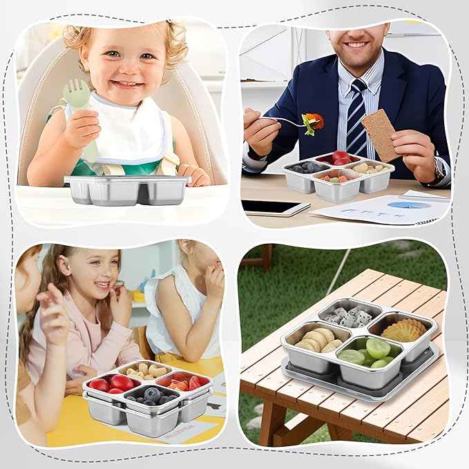 BEFOY 4 Pack Stainless Steel Snack Containers with Lids 4 Compartment Food Storage Containers for Adults & Kids Meal Prep Containers Reusablele (grey, 2)