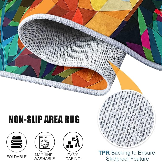 Color Area Rugs 2 x 3 ft Machine Living Room Washable Rugs, Geometric Cubism Calico Cats Low-Pile Soft Non-Slip Carpet for Bedroom Dining Flannel Floormat