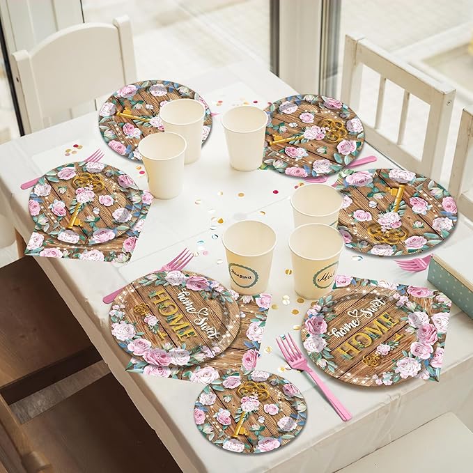 96 Pcs House Warming Decoration Party Plates Napkins Tableware Set Housewarming Paper Party Supplies Disposable Dinnerware Sweet Home Rustic Floral Party Decoration Favors for New House, 24 Guests