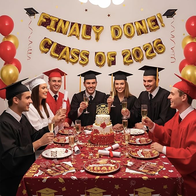Graduation Plates and Napkins 2026,97Pcs Maroon Disposable Grad Plates Class of 2026 Dessert Plates Napkins,Tablecloth,Forks,Graduation Decorations for Congrats Grad Party,Serve 24