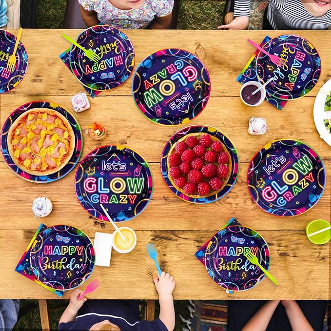 Grencian 96Pcs Neon Party Supplies Let's Glow Party Decorations Glow In The Dark Colorful Plates and Napkins Tableware Neon Birthday Decorations for Baby Shower Game Black Night Themed Favors Serve 24
