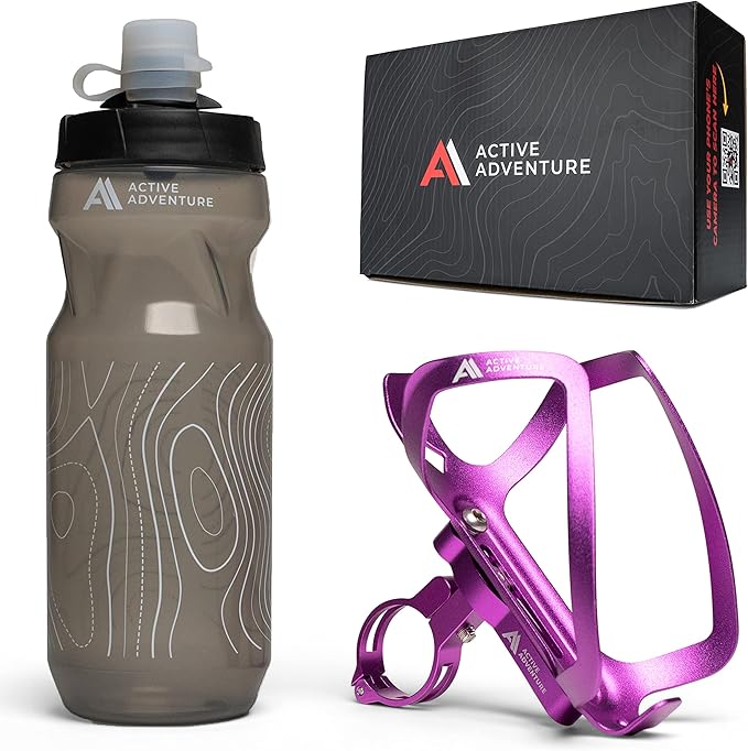 Bike Water Bottle Holder Combo - 20 Oz Squeeze Bottle & Bicycle Mount Cage Rack, No Screws Needed, Durable Alloy - Fits All Handlebar Bikes & MTB Mountain Road - for Adults, Kids (Purple)