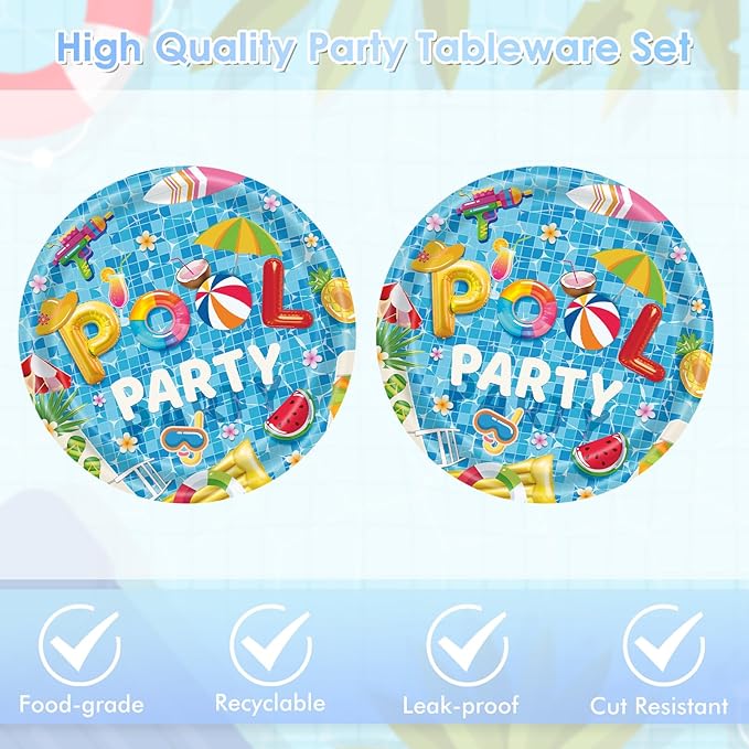 40 Pieces Pool Birthday Party Supplies, 20 – Disposable Pool Paper Plates and Napkins for Summer BBQ, Pool Party, Hawaii Holiday Decorations