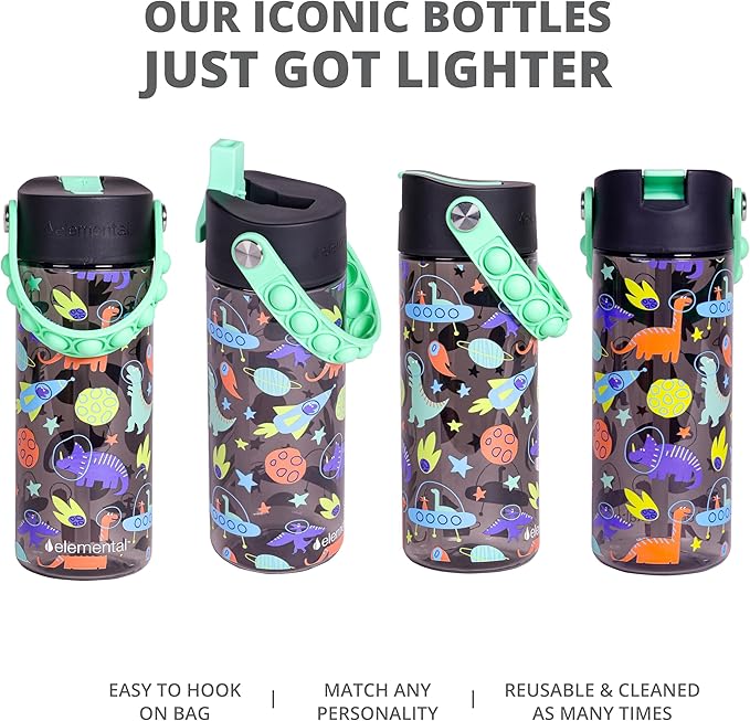 Elemental Water Bottles for Kids - Splash Kids Water Bottle for School with Pop-it Handle - BPA Free Tritan Plastic Water Bottle with Straw Leak Proof when Spout is Closed - Space Dinosaur - 18oz