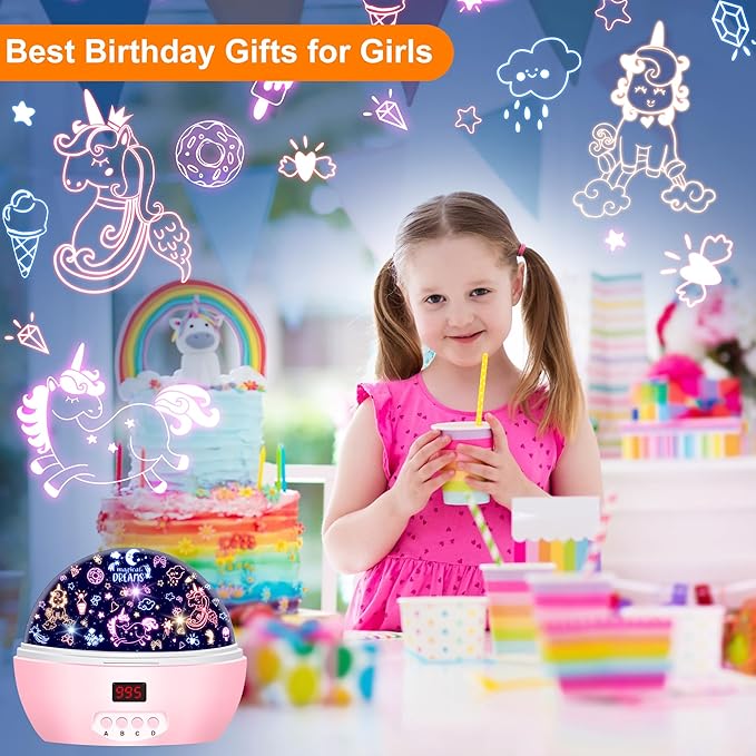 MOKOQI Kid Unicorn Night Light for Girls, and Baby Bear Night Lights Rotating Light Projector with Timer Color Changing Birthday Gifts for 3-5-10 Year Old Girls