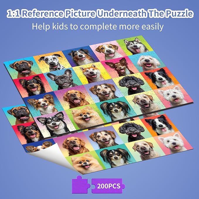 Dog Puzzles for Kids Ages 6-8 8-10, 200 Pieces Jigsaw Puzzle for Kids and Adults, Multicolor Puppy Theme Puzzles for Children, Christmas Collection Gift