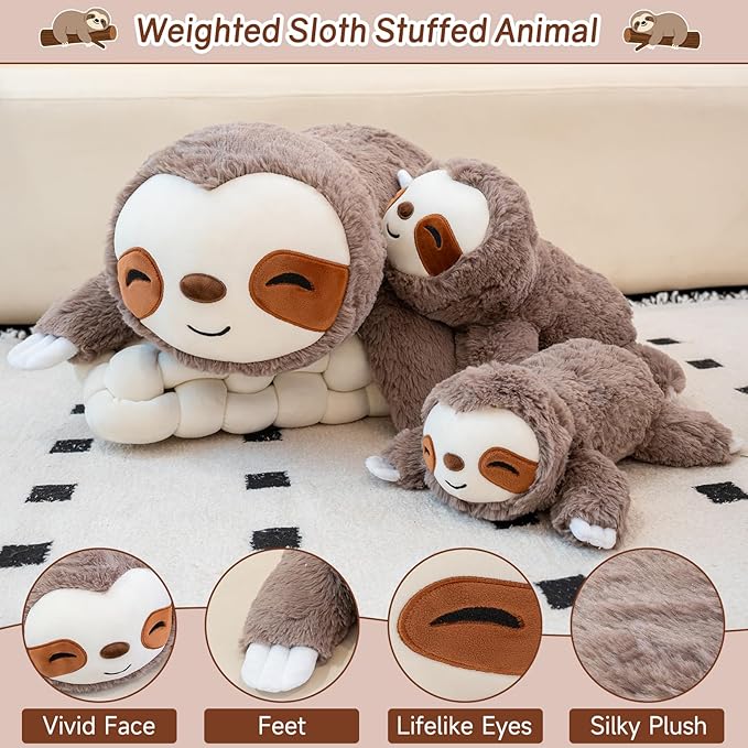 SQEQE Weighted Stuffed Animals Sloth Plush, Weighted Sloth Stuffed Animals Plushies, Soft Pillow Toy for Kids Adults, Valentines Gifts, Birthday Presents 13.8 Inch, 1.7 Lbs