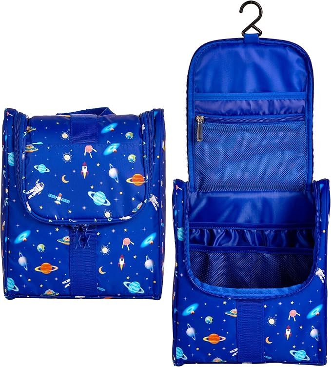 Remobia Hicol Cute Cartoon Hanging Kids Toiletry Bag Children Travel Cosmetic Makeup Organizer Wash Bag Shower bag Over Night Bag Camping Shaving Kit Bag for Boys & Girls (Astronaut)