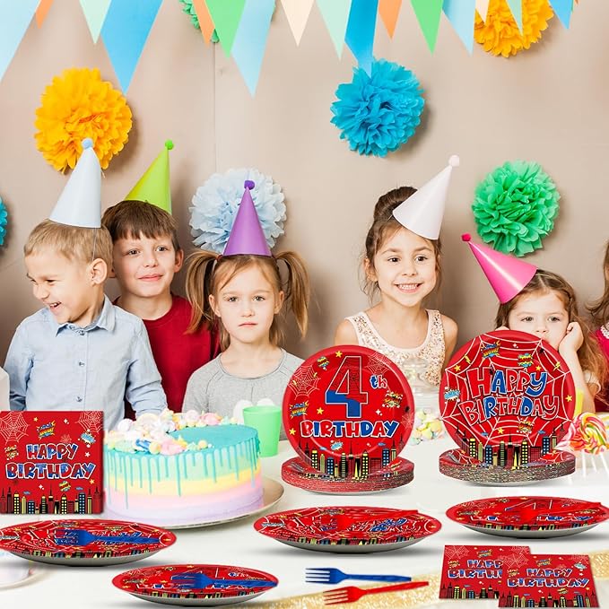96Pcs Spider 4th Birthday Party Decorations Cartoon Spider Theme Plates Napkins Red Blue Hero Tableware set Super Theme Hero 4th Birthday Decoration Favors for Kids 4 Year Old Party Supplies Serve 24