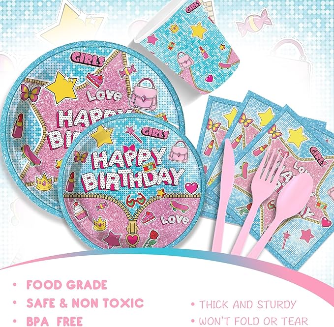 Surprise Theme Party Supplies for kids Doll Themed Birthday Party,Blue & Pink Cartoon Doll Birthday Decorations Disposable Tableware Set With Plates, Cups, Napkins & Cutlery for 24 Guests