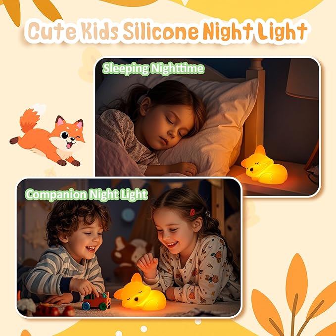 CoolGift Mart Fox Night Light, Cute Fox Silicone Night Light Gifts for Kids, Fox Lamp for Girls Boys Child Baby Nursery, Animal Light with Touch Control, Timer and USB Rechargeable