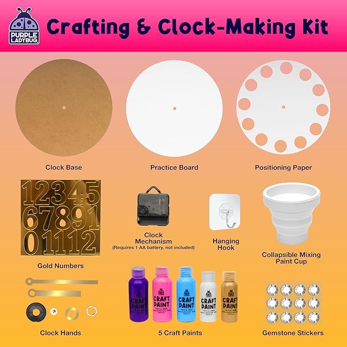 PURPLE LADYBUG Pouring Paint DIY Clock Kit - Creative Kids Painting Kit - 6 7 8 9 10 11 12 Year Old Girl Gift Ideas, Birthday Gifts for 6-12 Year Old Boys & Girls - Crafts for Kids 8-12