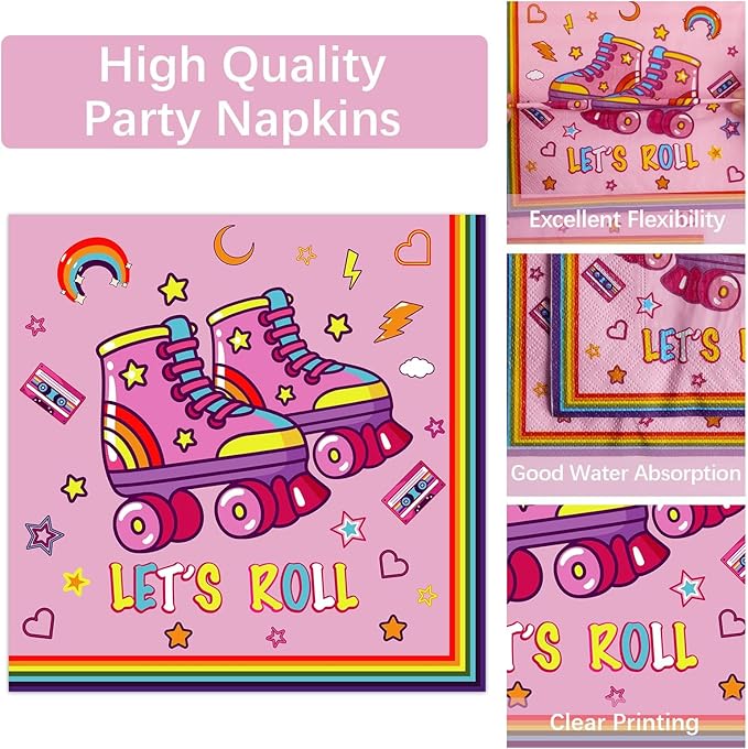 Qyeahkj 100 Pcs Roller Skating Party Plates and Napkins Set Pink Roller Skate Birthday Decorations Supplies Tableware Roll Skating Themed Party Favors for Girls Birthday Decorations Serves 25