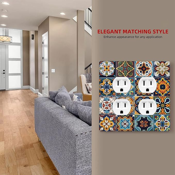 Mexican Talavera Tiles Floral Outlet Covers 2 Gang Double Duplex Decorative Light Switch Covers Electrical Wallplates Socket Faceplate for Bathroom Kitchen Decor