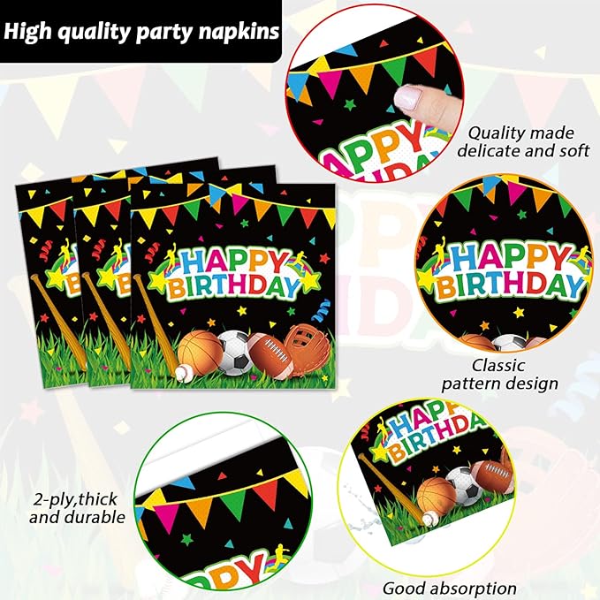 Sports Party Plates Napkins Sports Happy Birthday Party Tableware Baseball Football Soccer Basketball Rugby Disposable Paper Plates Napkins for Boy Birthday Decoration Supplies Favors 24 Guests