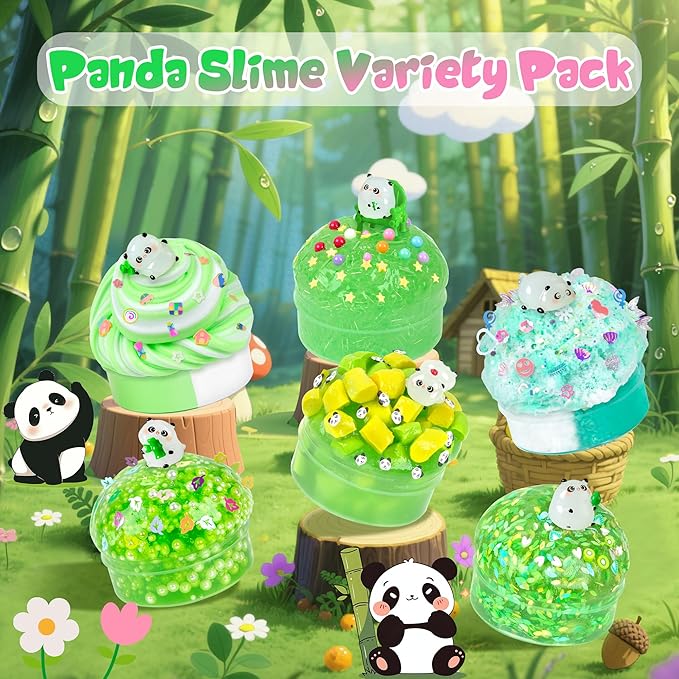Panda Slime Kit 6×100ml, 20oz Total, Cloud, Butter, Clear & Glow in The Dark Slime Variety Pack for Kids & Adults, Stress Relief Sensory Toys, Fun Birthday Halloween